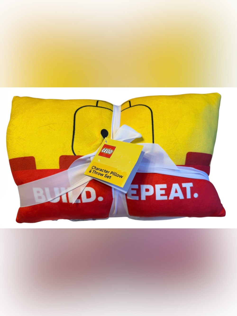 Lego Bright Yellow & Red 'Build. Repeat.' Character Pillow and Throw Set NWT